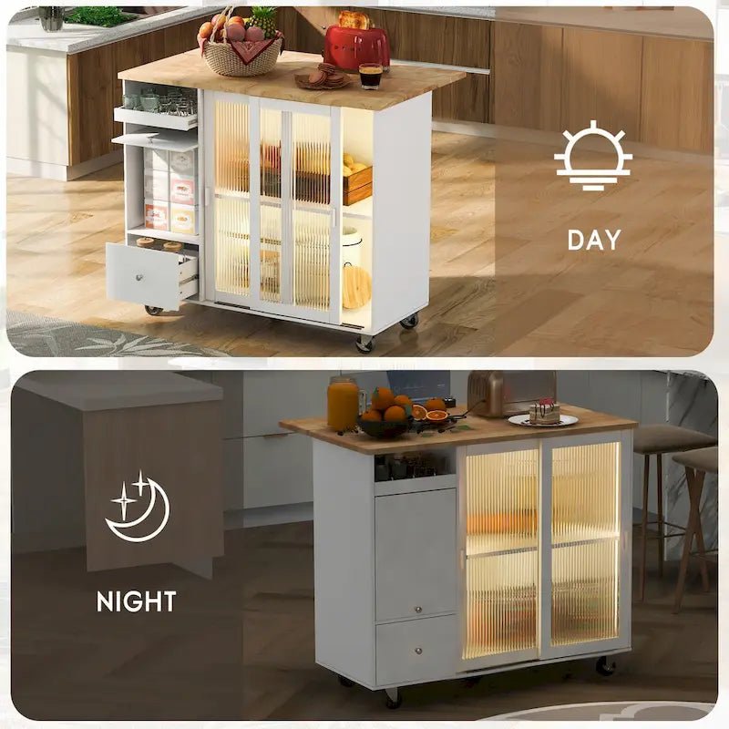 Rolling Kitchen Cart with Drop Leaf Top and Sliding Glass Doors