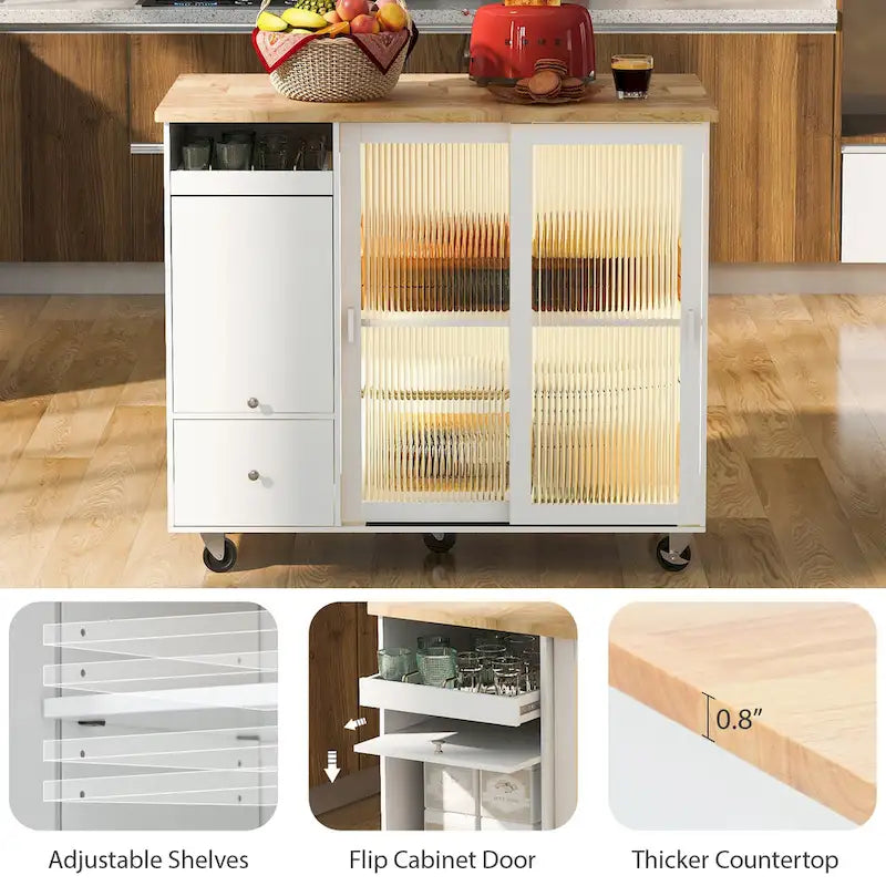 Rolling Kitchen Cart with Drop Leaf Top and Sliding Glass Doors