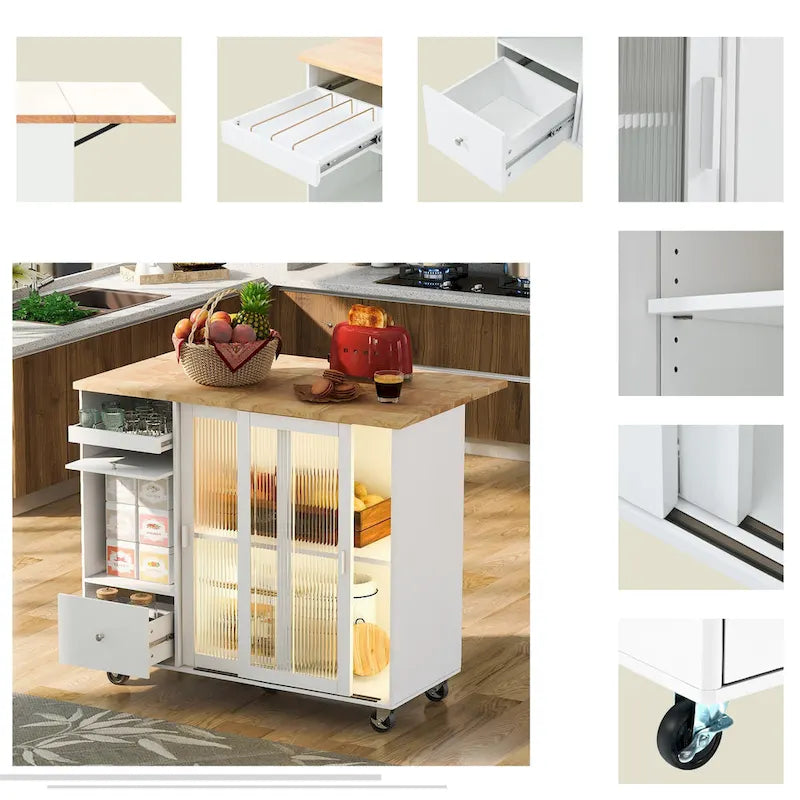 Rolling Kitchen Cart with Drop Leaf Top and Sliding Glass Doors