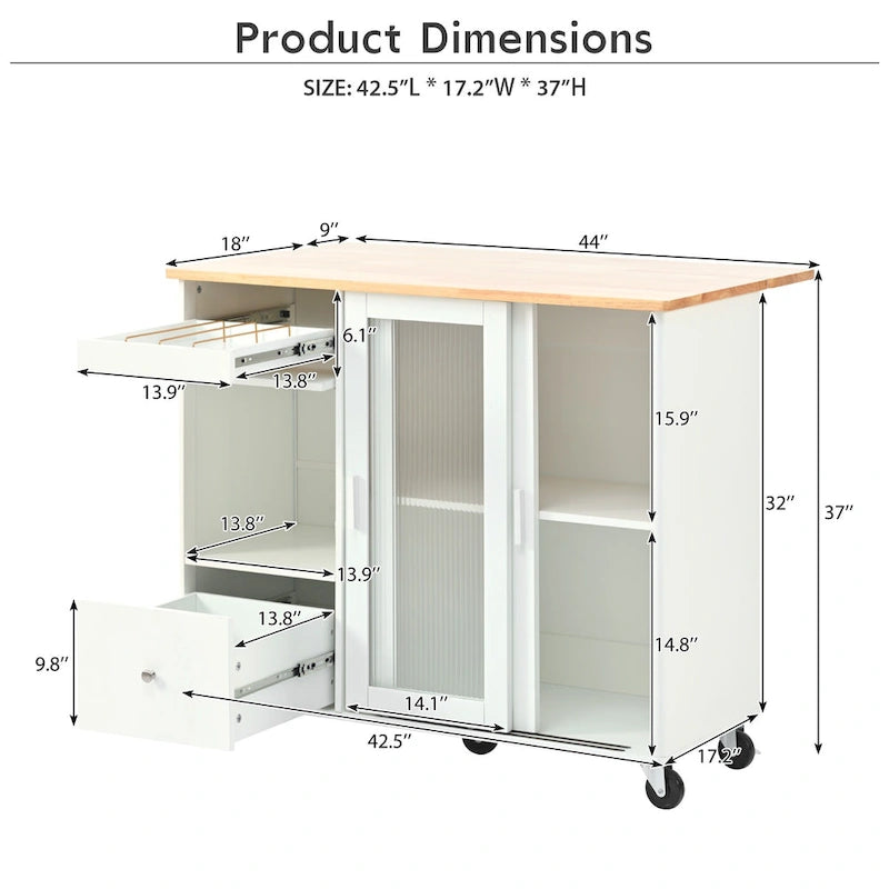 Rolling Kitchen Cart with Drop Leaf Top and Sliding Glass Doors