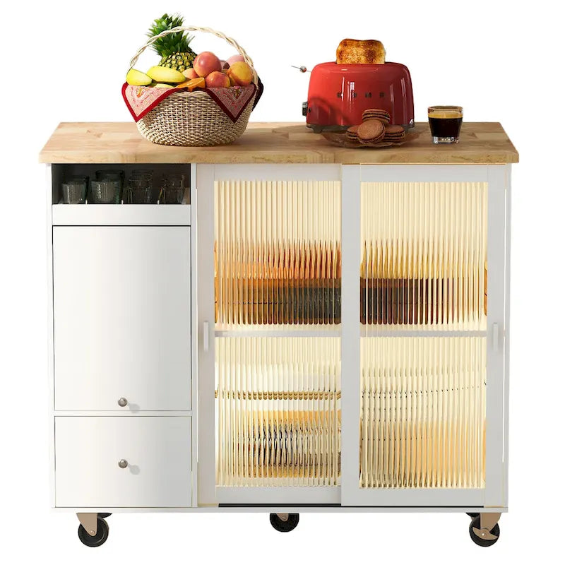 Rolling Kitchen Cart with Drop Leaf Top and Sliding Glass Doors