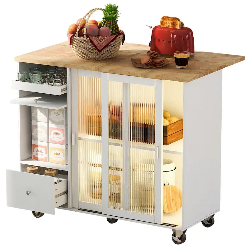 Rolling Kitchen Cart with Drop Leaf Top and Sliding Glass Doors