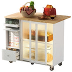 Rolling Kitchen Cart with Drop Leaf Top and Sliding Glass Doors