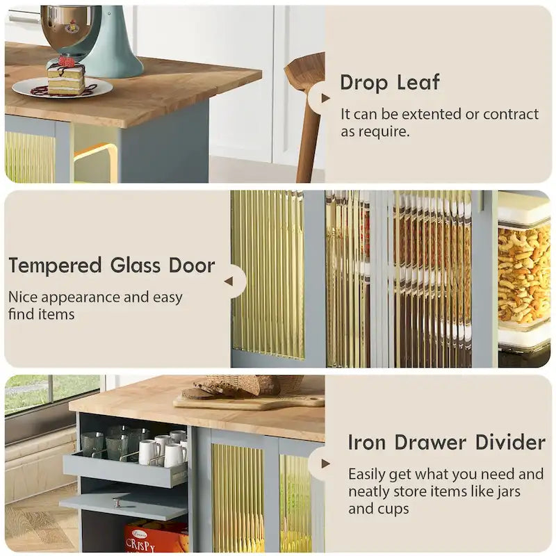 Rolling Kitchen Cart with Drop Leaf Top and Sliding Glass Doors