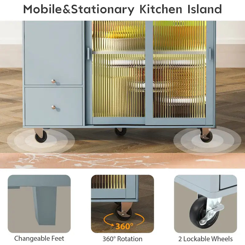 Rolling Kitchen Cart with Drop Leaf Top and Sliding Glass Doors
