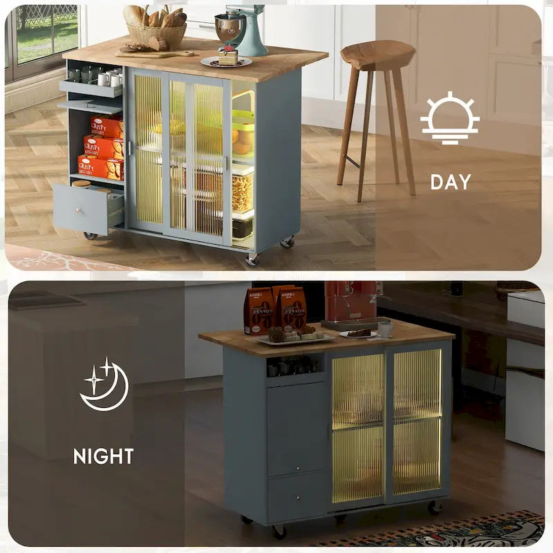 Rolling Kitchen Cart with Drop Leaf Top and Sliding Glass Doors