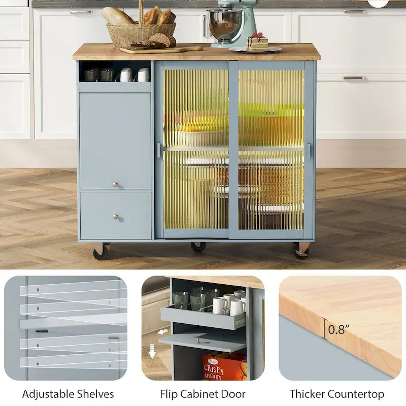 Rolling Kitchen Cart with Drop Leaf Top and Sliding Glass Doors