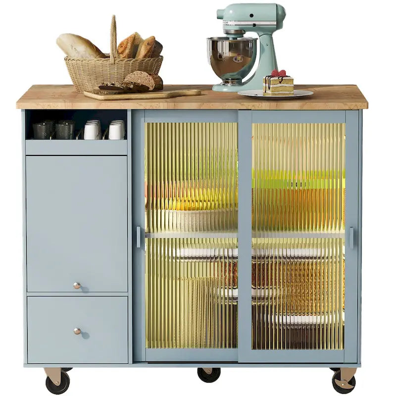 Rolling Kitchen Cart with Drop Leaf Top and Sliding Glass Doors