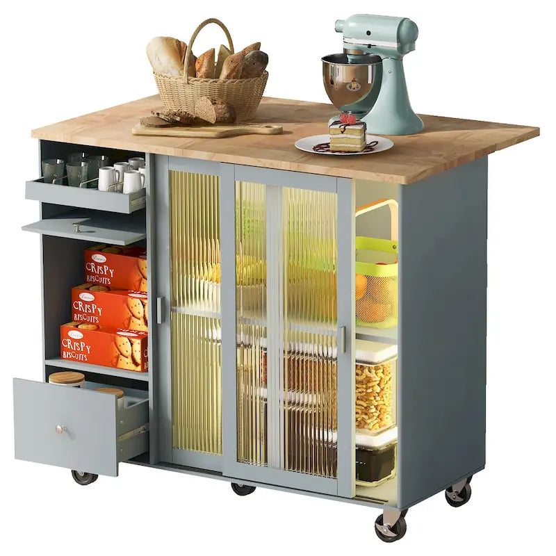 Rolling Kitchen Cart with Drop Leaf Top and Sliding Glass Doors