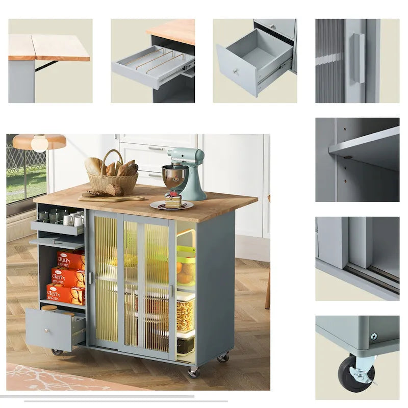 Rolling Kitchen Cart with Drop Leaf Top and Sliding Glass Doors