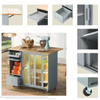 Rolling Kitchen Cart with Drop Leaf Top and Sliding Glass Doors