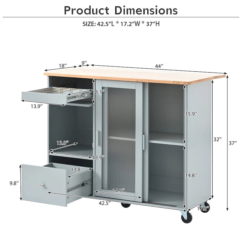 Rolling Kitchen Cart with Drop Leaf Top and Sliding Glass Doors