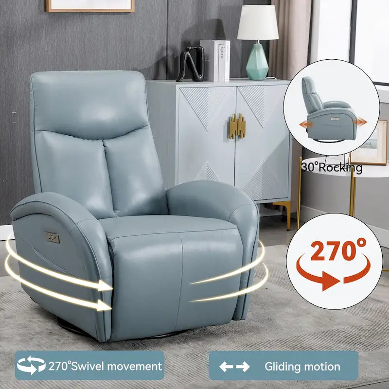 Blue Genuine Leather Power Recliner with 270-Degree Swivel and USB Charging