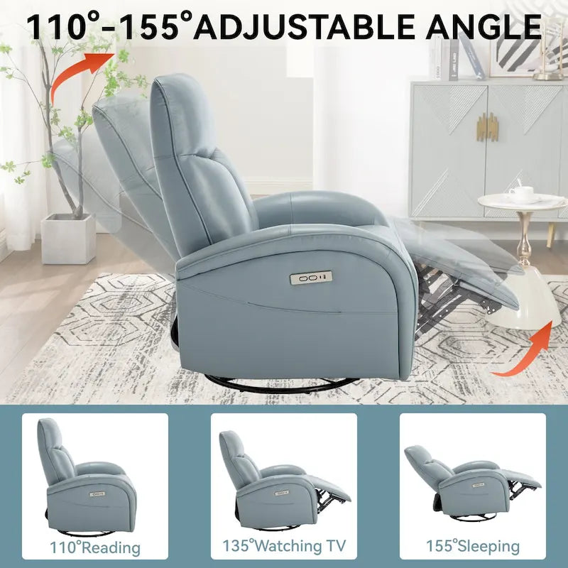 Blue Genuine Leather Power Recliner with 270-Degree Swivel and USB Charging