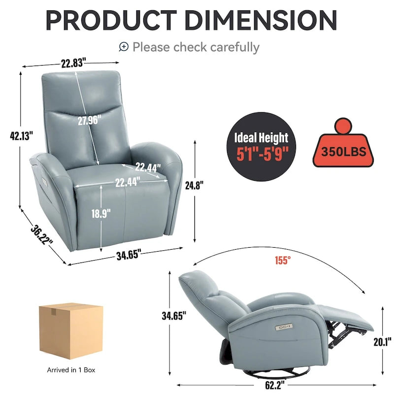 Blue Genuine Leather Power Recliner with 270-Degree Swivel and USB Charging