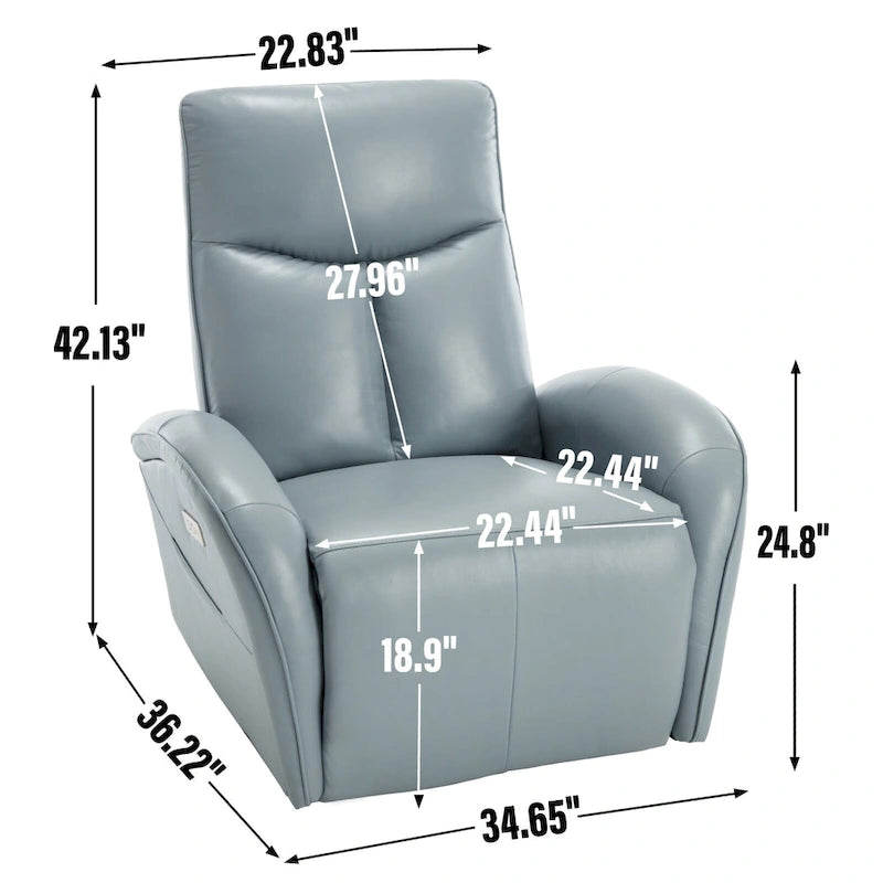 Blue Genuine Leather Power Recliner with 270-Degree Swivel and USB Charging