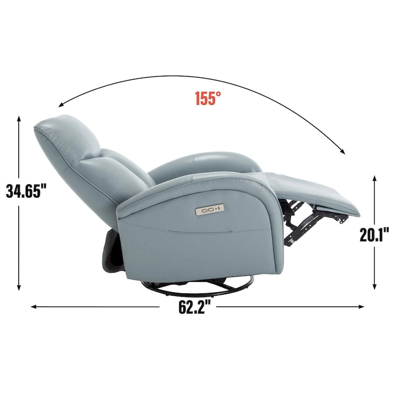 Blue Genuine Leather Power Recliner with 270-Degree Swivel and USB Charging
