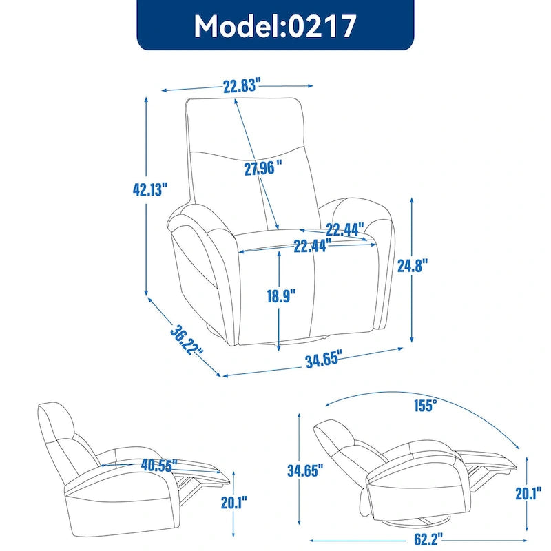 Blue Genuine Leather Power Recliner with 270-Degree Swivel and USB Charging