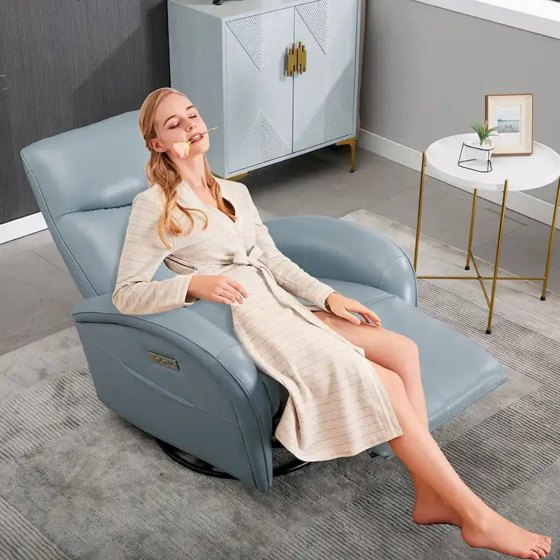 Blue Genuine Leather Power Recliner with 270-Degree Swivel and USB Charging