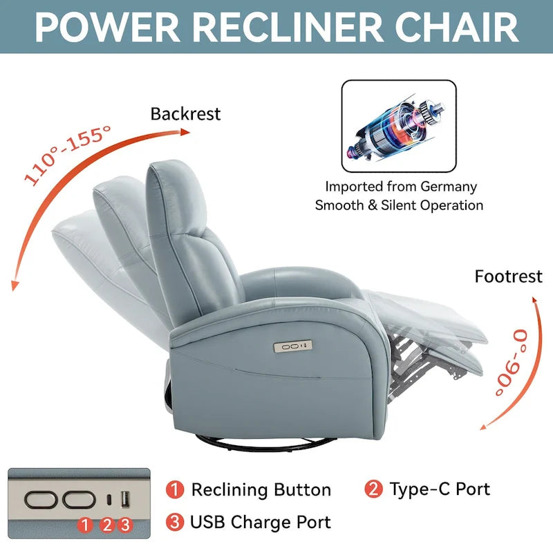 Blue Genuine Leather Power Recliner with 270-Degree Swivel and USB Charging