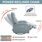 Blue Genuine Leather Power Recliner with 270-Degree Swivel and USB Charging