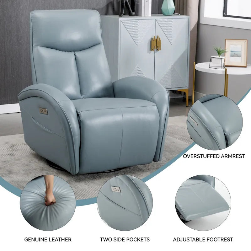 Blue Genuine Leather Power Recliner with 270-Degree Swivel and USB Charging