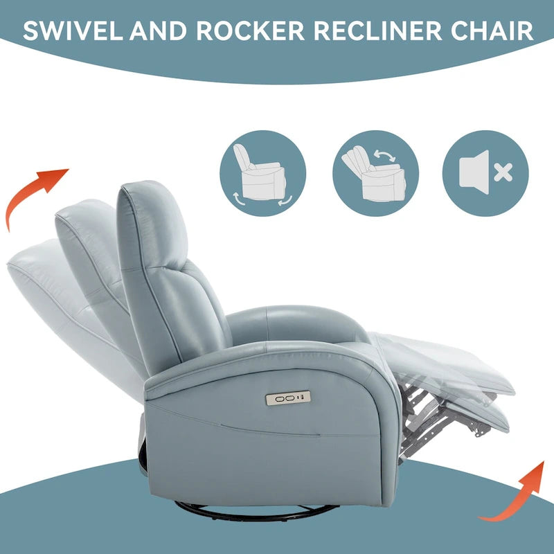 Blue Genuine Leather Power Recliner with 270-Degree Swivel and USB Charging