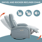 Blue Genuine Leather Power Recliner with 270-Degree Swivel and USB Charging