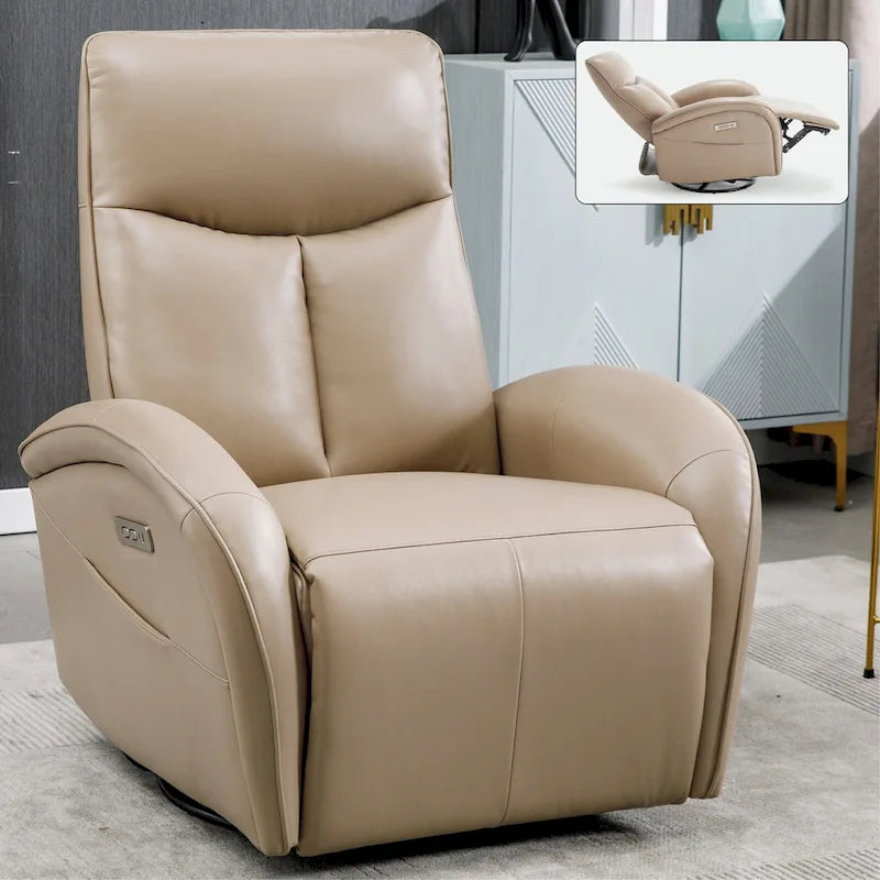 Blue Genuine Leather Power Recliner with 270-Degree Swivel and USB Charging