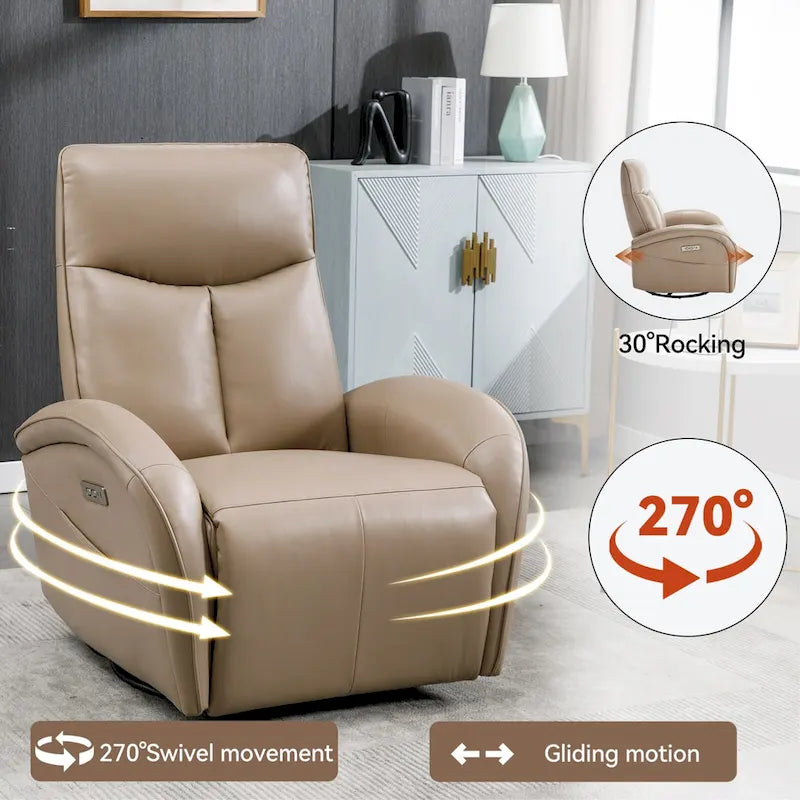 Blue Genuine Leather Power Recliner with 270-Degree Swivel and USB Charging