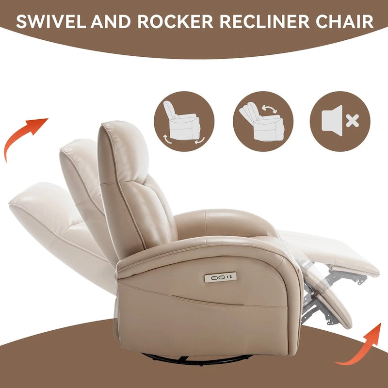 Blue Genuine Leather Power Recliner with 270-Degree Swivel and USB Charging