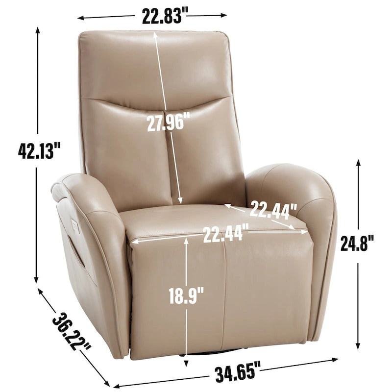 Blue Genuine Leather Power Recliner with 270-Degree Swivel and USB Charging