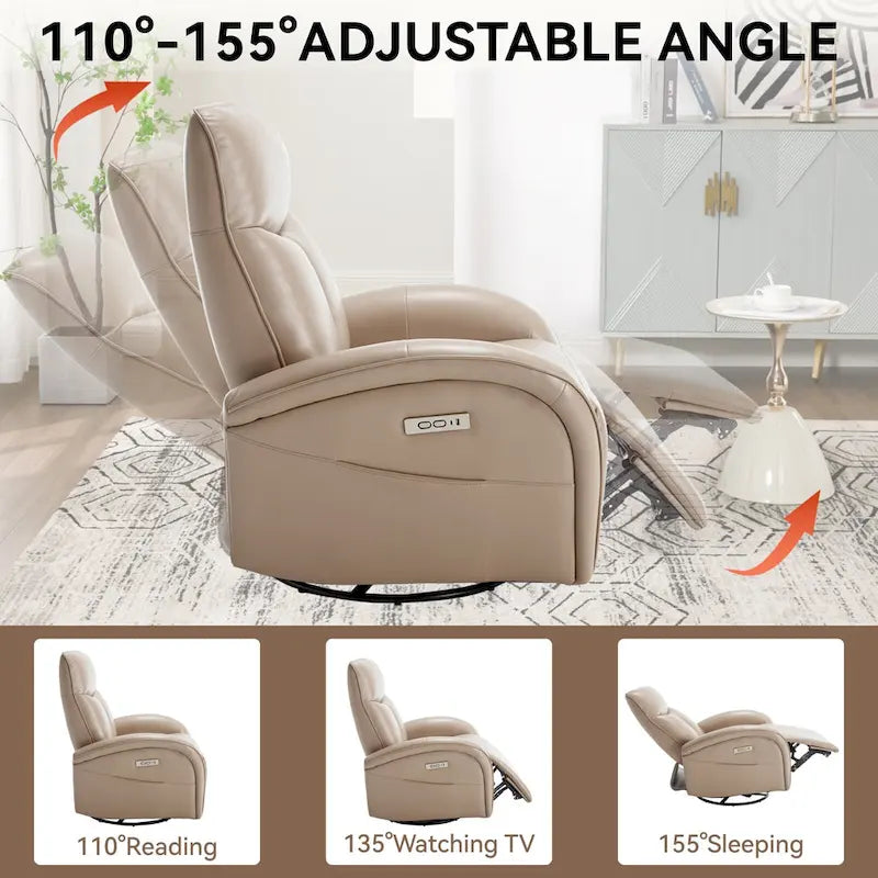 Blue Genuine Leather Power Recliner with 270-Degree Swivel and USB Charging