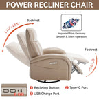 Blue Genuine Leather Power Recliner with 270-Degree Swivel and USB Charging