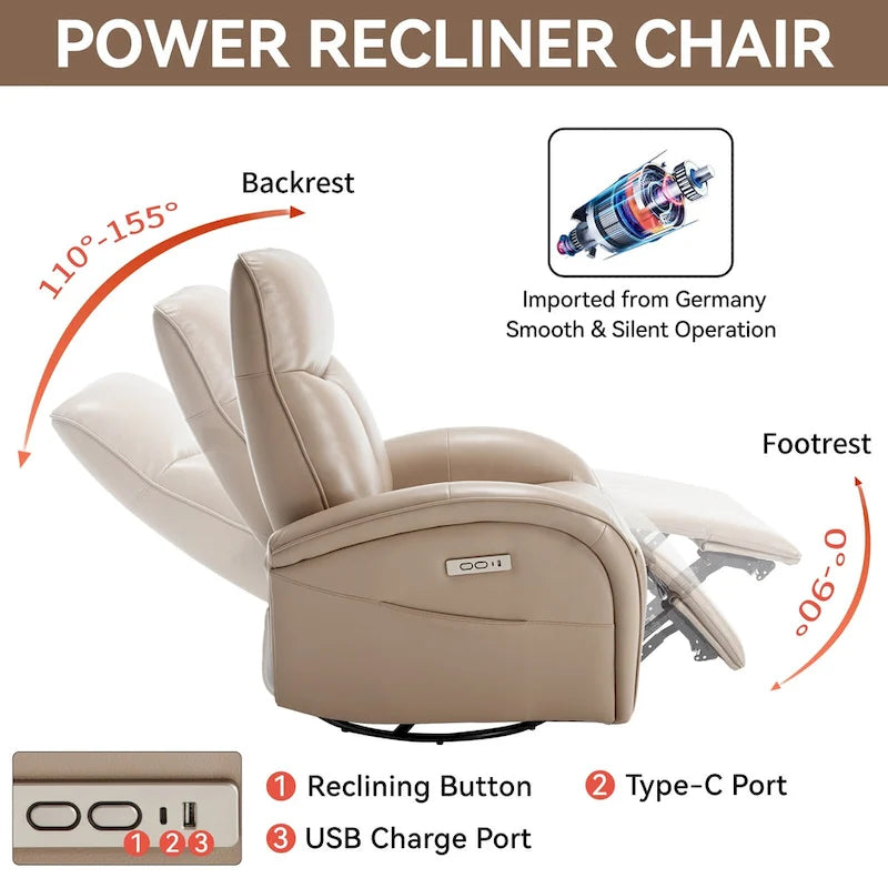 Blue Genuine Leather Power Recliner with 270-Degree Swivel and USB Charging