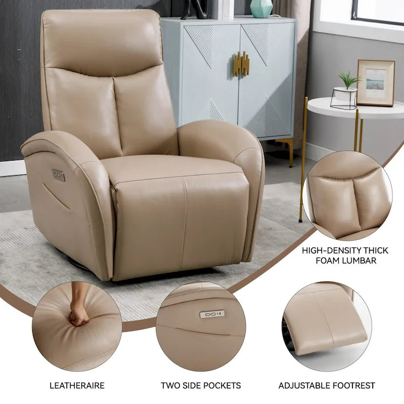 Blue Genuine Leather Power Recliner with 270-Degree Swivel and USB Charging