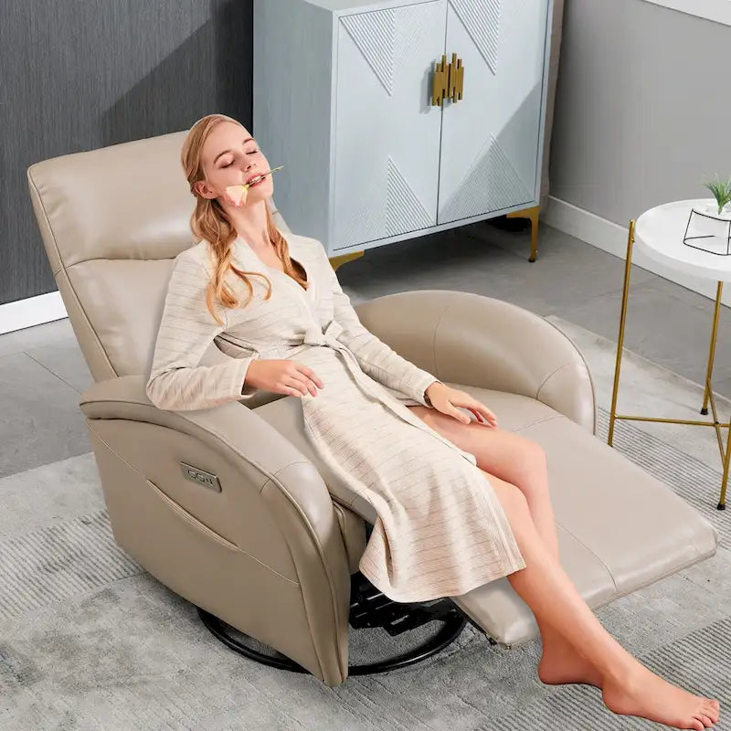 Blue Genuine Leather Power Recliner with 270-Degree Swivel and USB Charging