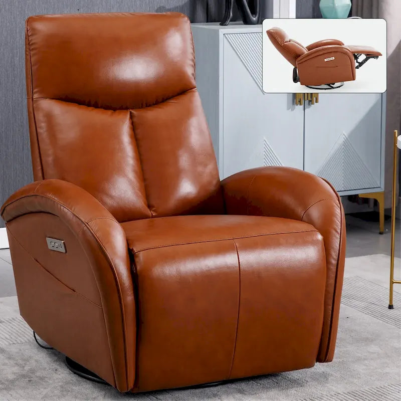 Blue Genuine Leather Power Recliner with 270-Degree Swivel and USB Charging