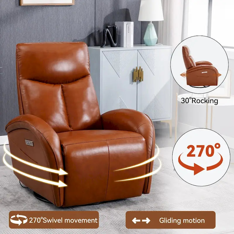 Blue Genuine Leather Power Recliner with 270-Degree Swivel and USB Charging