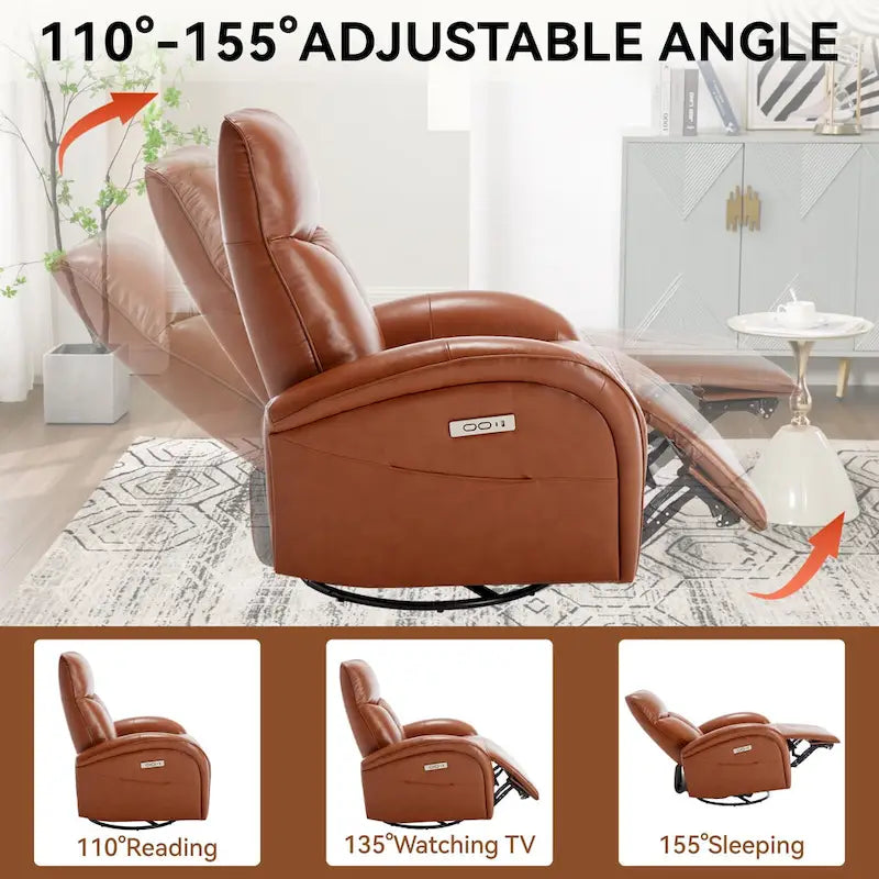 Blue Genuine Leather Power Recliner with 270-Degree Swivel and USB Charging
