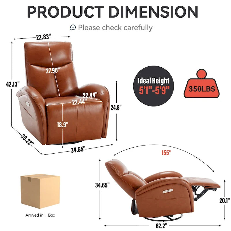 Blue Genuine Leather Power Recliner with 270-Degree Swivel and USB Charging