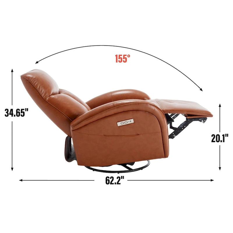 Blue Genuine Leather Power Recliner with 270-Degree Swivel and USB Charging