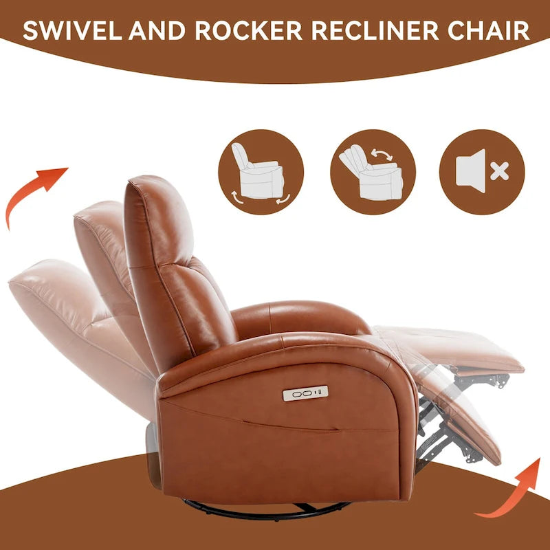 Blue Genuine Leather Power Recliner with 270-Degree Swivel and USB Charging