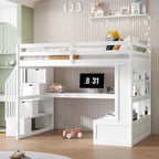 White Full Size Solid Wood Loft Bed with Desk Shelves and Drawers