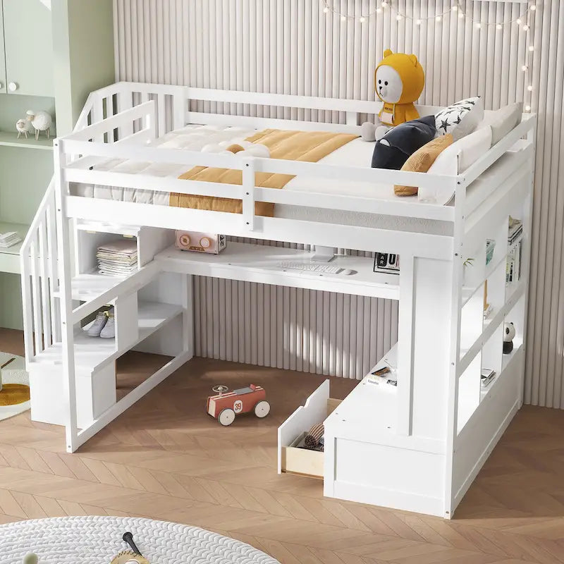 White Full Size Solid Wood Loft Bed with Desk Shelves and Drawers