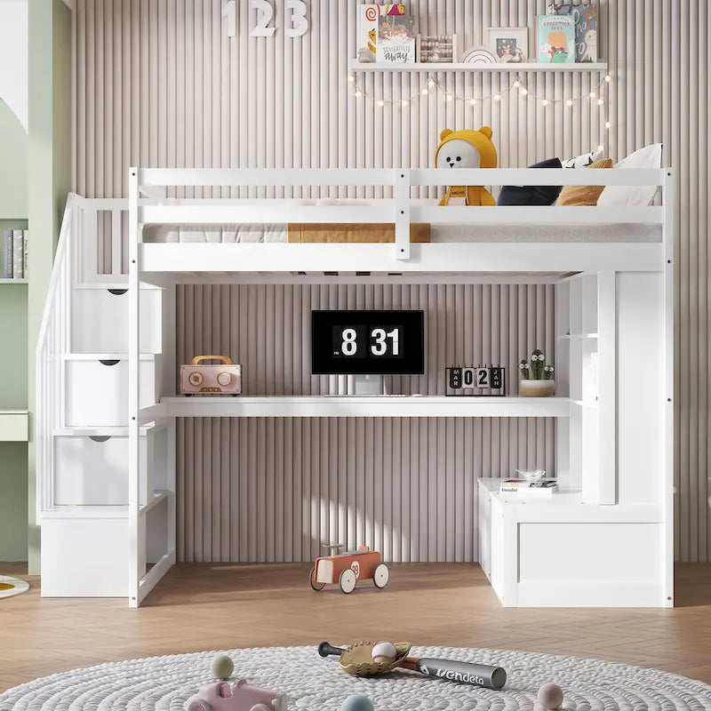 White Full Size Solid Wood Loft Bed with Desk Shelves and Drawers