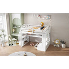 White Full Size Solid Wood Loft Bed with Desk Shelves and Drawers
