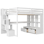 White Full Size Solid Wood Loft Bed with Desk Shelves and Drawers