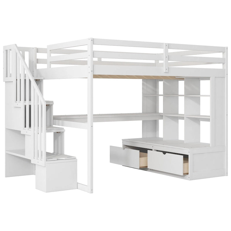 White Full Size Solid Wood Loft Bed with Desk Shelves and Drawers