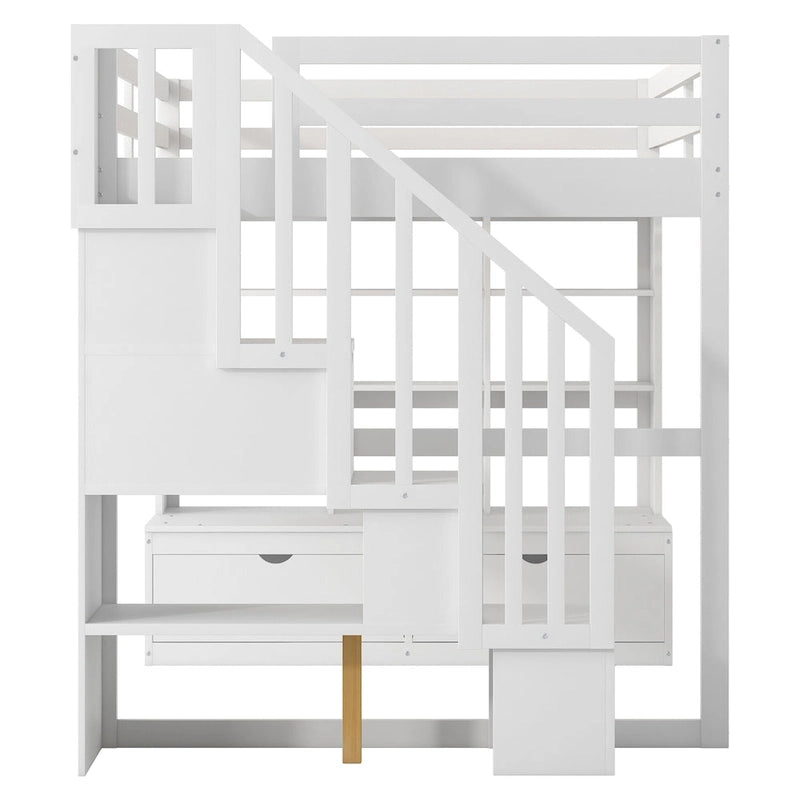White Full Size Solid Wood Loft Bed with Desk Shelves and Drawers